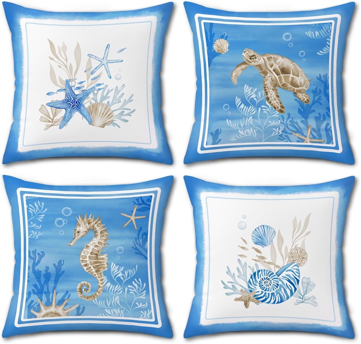Decoratieve kussenslopen blauw oceaan 45 x 45 cm met zeeschildpad en zeester voor bank en auto, set van 4 voor zomerse kustdecoratie