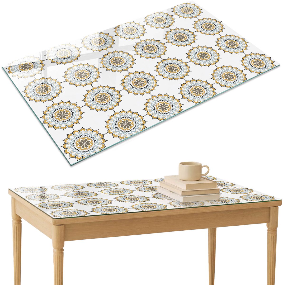 ArtPrintCave Geometrische bloemen Glazen Tafelblad 120x80 cm - Tafelblad Rechthoek - Wit Keukentafel - Achtergronden en patronen Glazen Eettafel