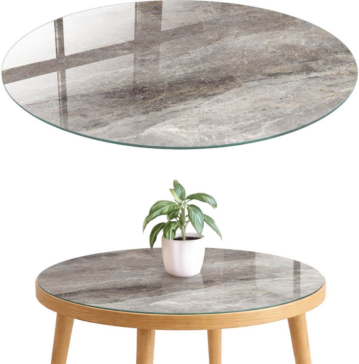 ArtPrintCave Steenstructuur Glazen Tafelblad fi70 cm - Tafelblad Rond - Grijs Keukentafel - Teksten Terrastafel