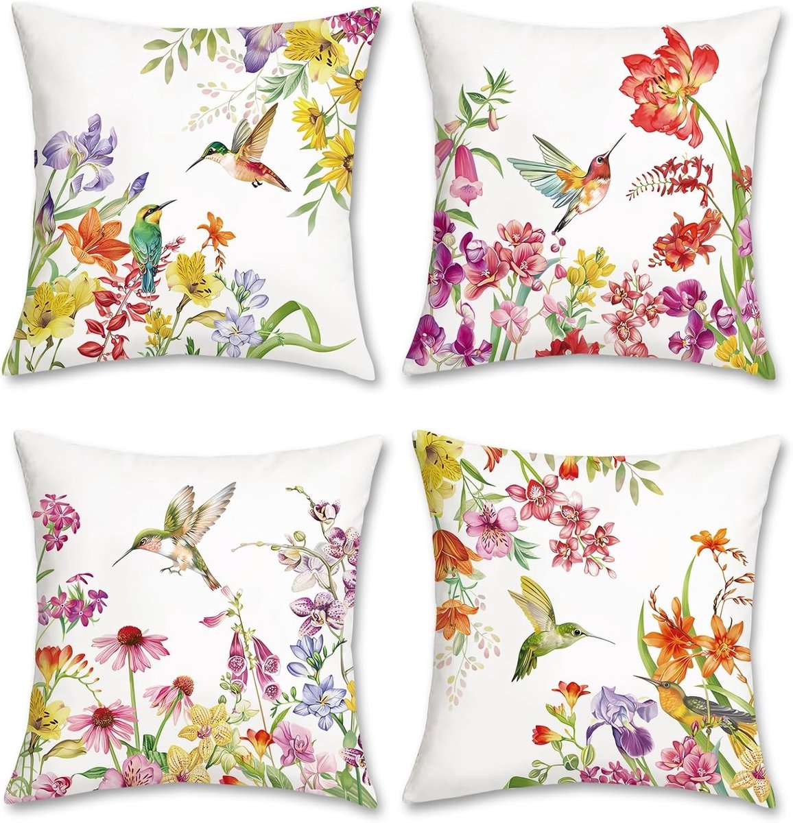 Kleurige Kussenhoezen met Zomerbloemen en Kolibries 45 x 45 cm voor Sofa en Tuin Decoratie - Set van 4 Decoratieve Kussens