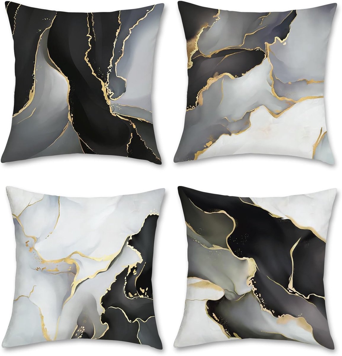 Set van 4 Kussenhoezen met Marmerpatroon in Zwart, Goud en Grijs - 45x45 cm Decoratieve Kussenhoezen voor Bank en Slaapkamer