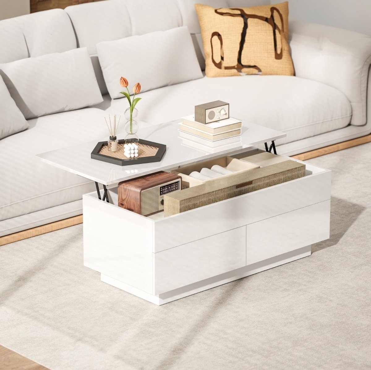 COVREO Salontafel 102x48x54,5 cm hoogglans wit, hout en metaal, opbergruimte Glanzend wit