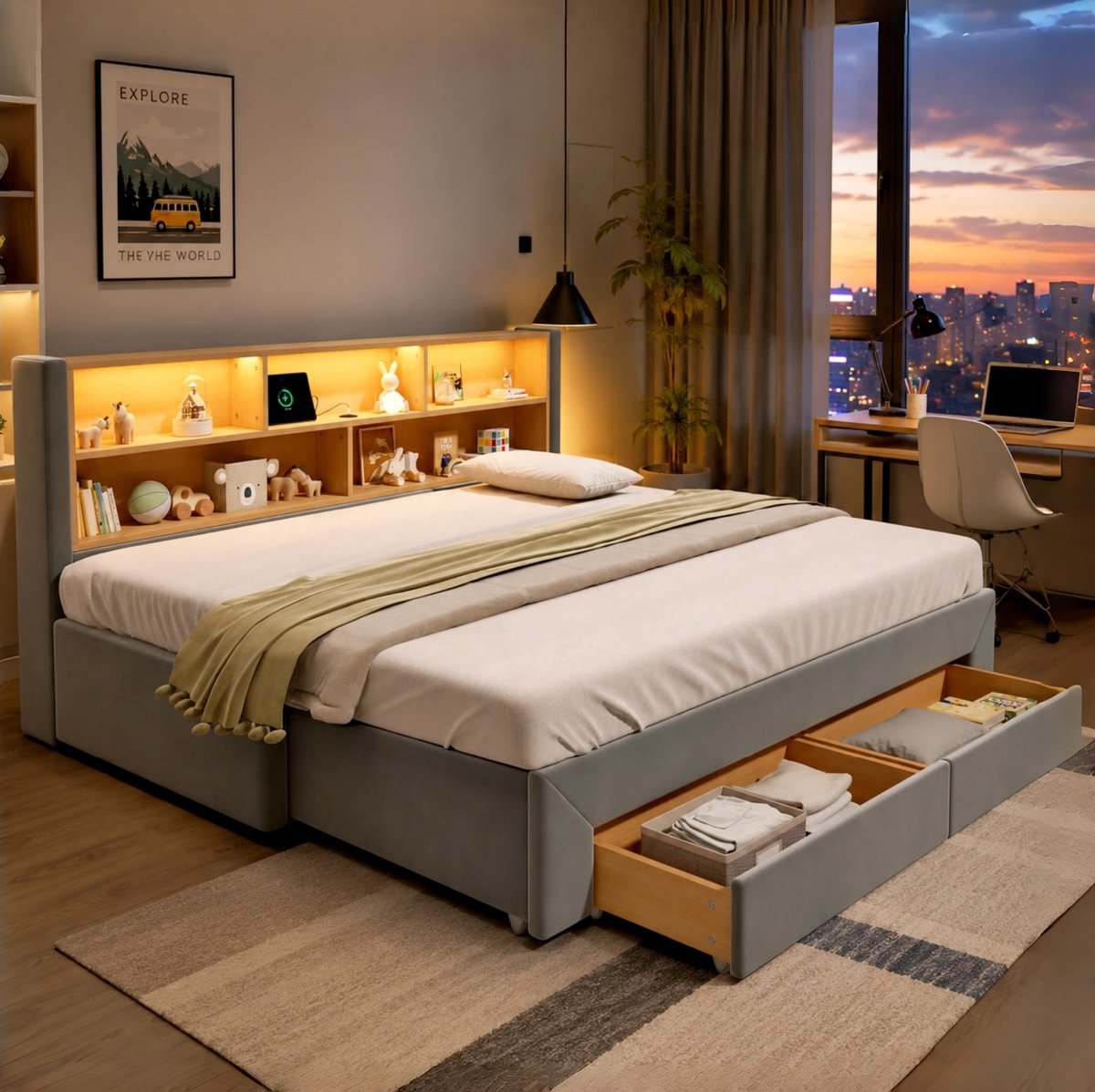 FloraGrace Bedbank 90x200 cm Zonder Matras - Uitrekbaar Tot 180x200 cm - Met LED Verlichting, USB-C en Opberglades - Grijs