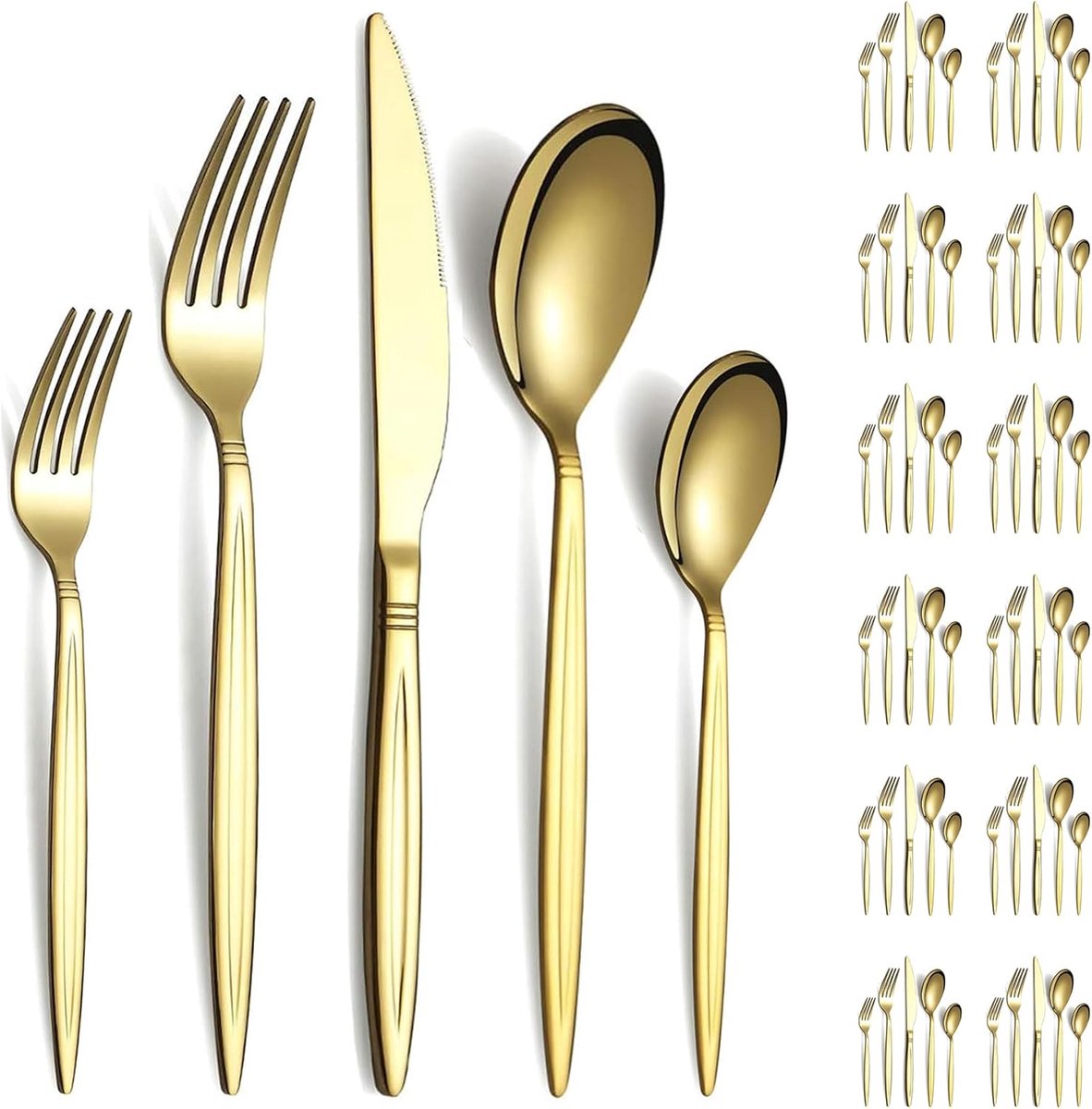 SnelShoppen - Evanda Gouden Bestekset 60-Delig voor 12 Personen - Titanium Goud Geplateerd RVS - Messen, Vorken, Lepels voor Bruiloft, Feesten, Verjaa