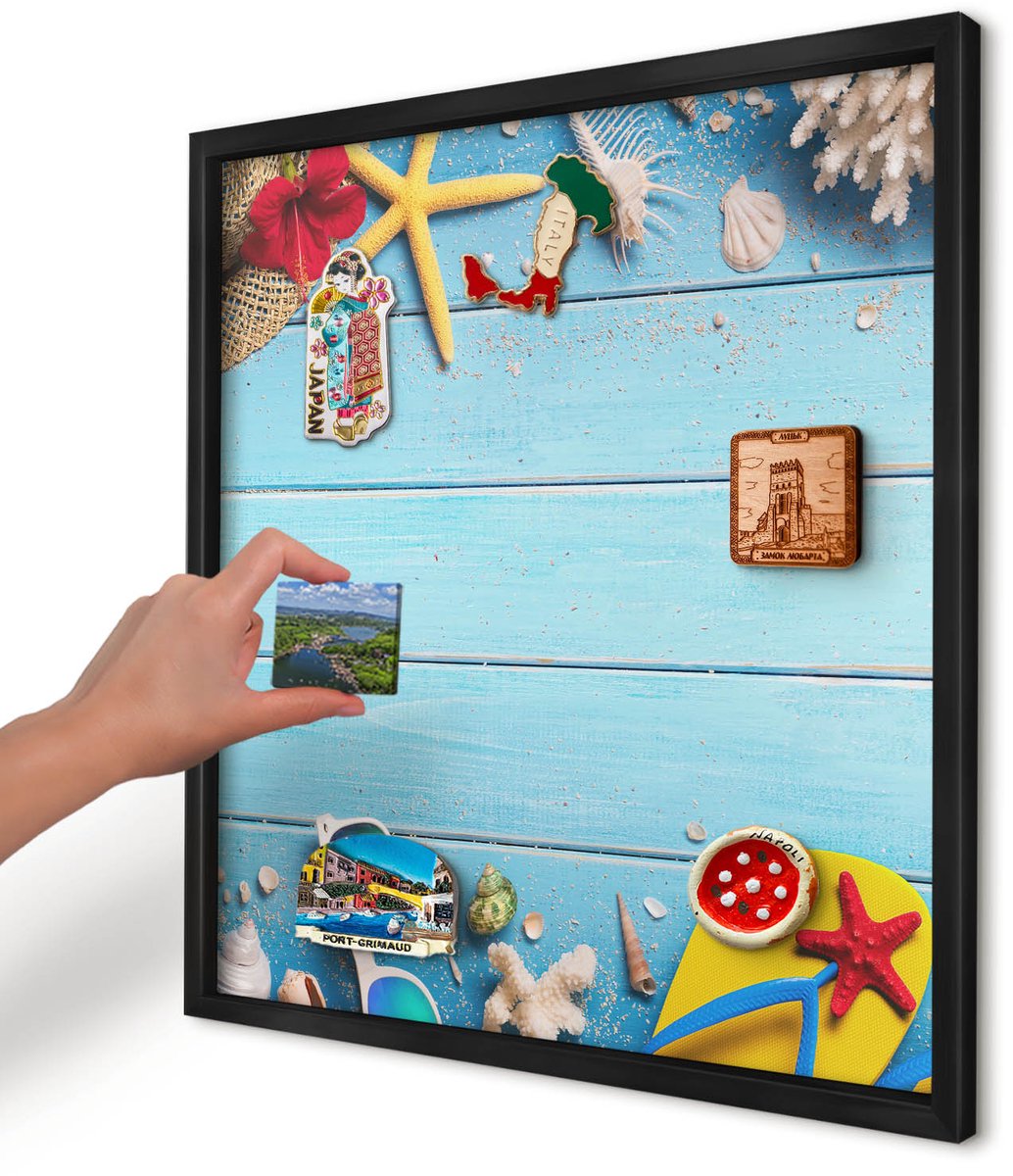 Artprintcave Blauw Magneetbord mit Zwart Frame - 50x50 cm - Vakantiestrand Memobord Keuken - Minimalist Magnetisch Bord - Natuur