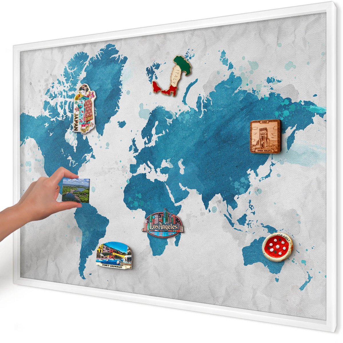 Artprintcave Blauw Magneetbord mit Witte Lijst - 100x70 cm - Aquarelkaart Memobord Keuken - Waterverf Magnetisch Bord Voor Magneten - Kaarten