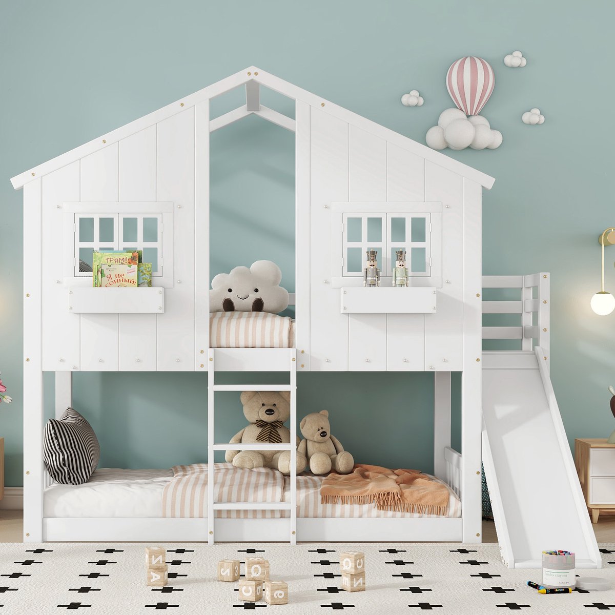 Hoogslaper 90 x 200 cm – met glijbaan – wit – voor kinderkamer en tienerkamer – praktisch ruimtebesparend ontwerp – praktische slaapoplossing voor dagelijks