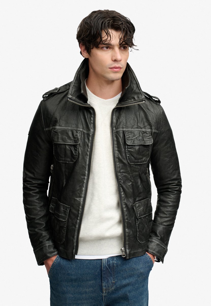 Superdry Brad Faux Leather Militaire Jas Relaxed Pasvorm Heren Leren jassen Zwart
