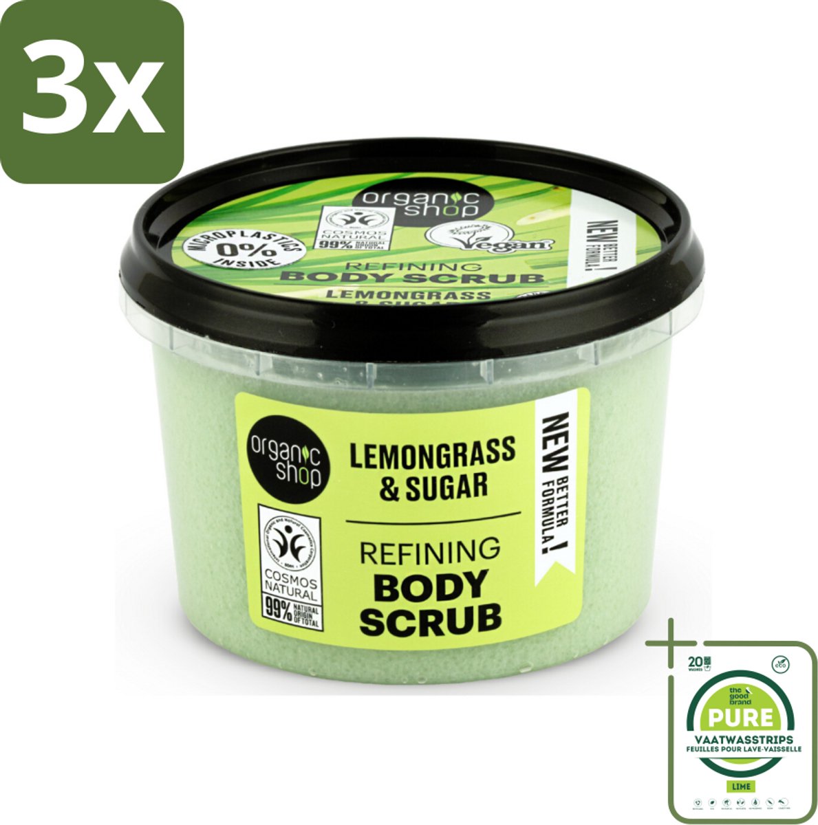3 x Organic Shop - Body Scrub Lemongrass - Verfrissend en Verzorgend - 250 ml - Grootverpakking - Lichaams Scrub - Suiker Scrub - Citroengras Scrub - Natuurlijke Scrub - Organische Scrub
