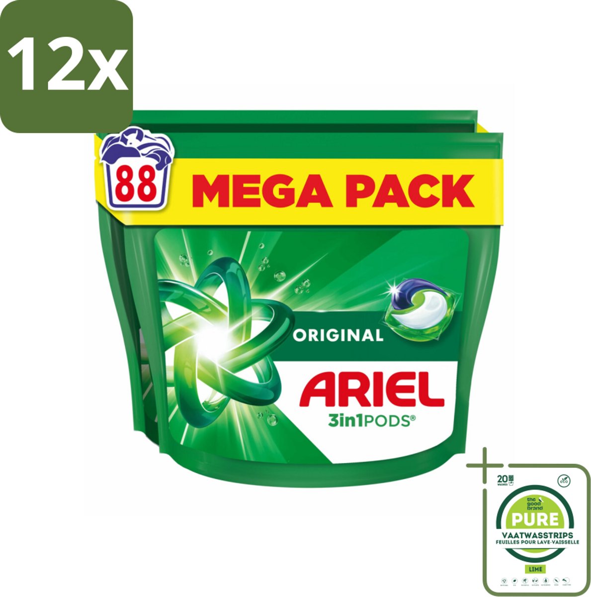 Ariel - 3in1 Wasmiddel Pods - Original - 88 Pods - Voordeelverpakking - 12 stuks - Ariel wasmiddel - Waspoeder
