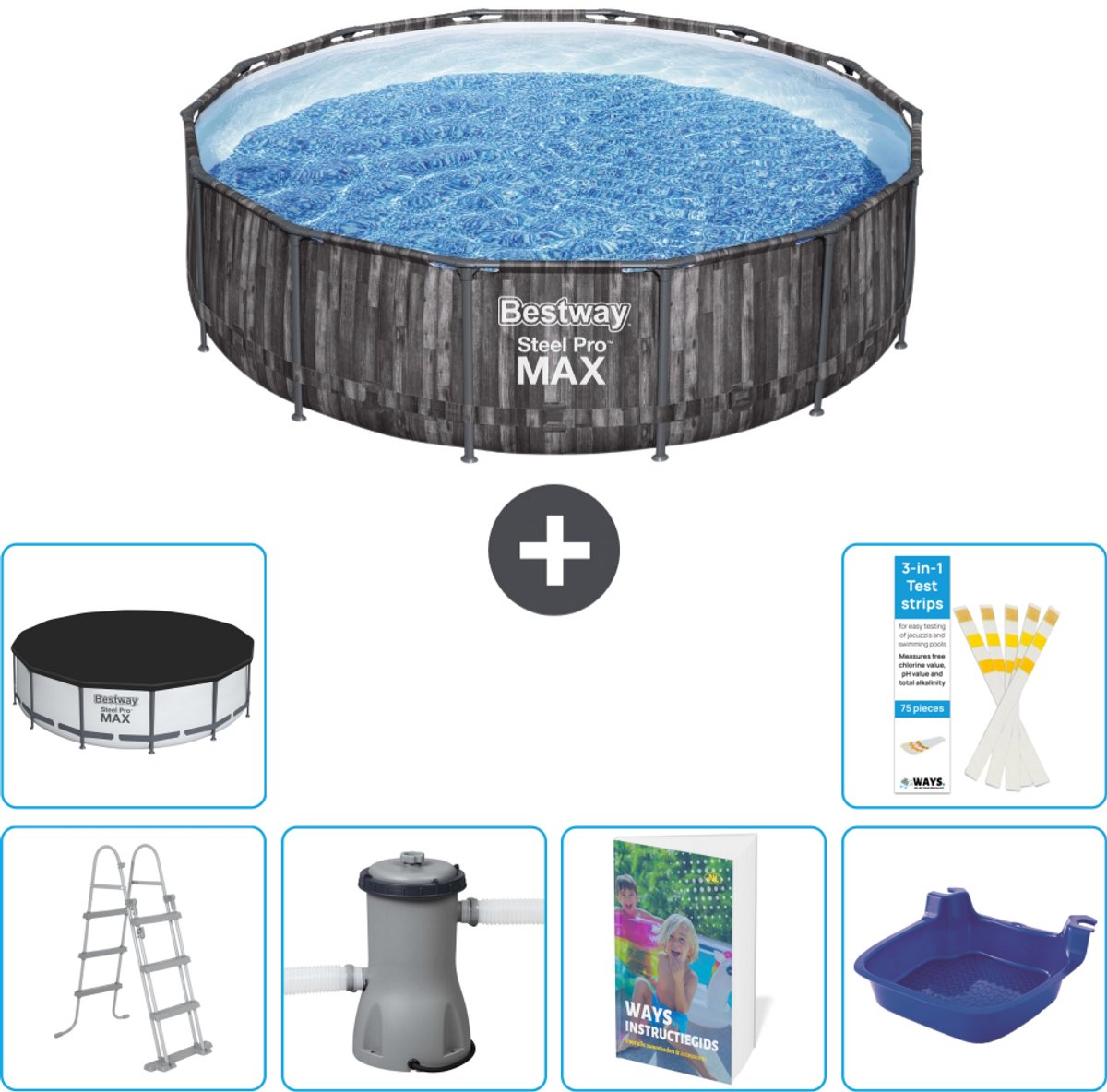 Bestway Rond Steel Pro MAX Zwembad - Houtprint - 427 x 107 cm - Inclusief Pomp - Ladder - Afdekzeil - Voetenbad - 7-delig