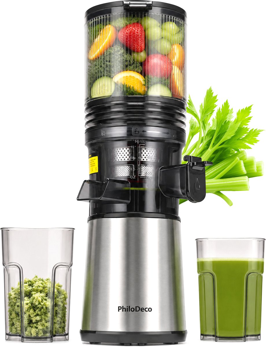 PhiloDeco Slowjuicer - juicer - Hoogwaardige Koudpers Sapcentrifuge - Langzame Spiraalextractie - 145mm Grote Vulopening - Krachtige Stille 250W Motor - Meervoudig Filtersysteem - Verse Sapmaker voor Thuis