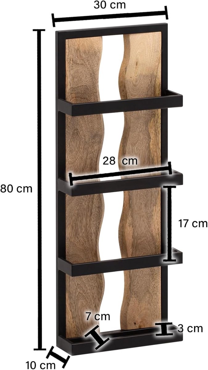Wandrek 30x10x80 cm Massief Mangohout Metaal, Zwevende Plank | smal zwevende plank industrieel, wandplank van echt hout, handgemaakt, elk exemplaar is uniek