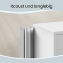 Gedetailleerde weergave van de robuuste metalen constructie van de kast, met focus op de hoekverbindingen. Tekst: 'Robust und langlebig'.