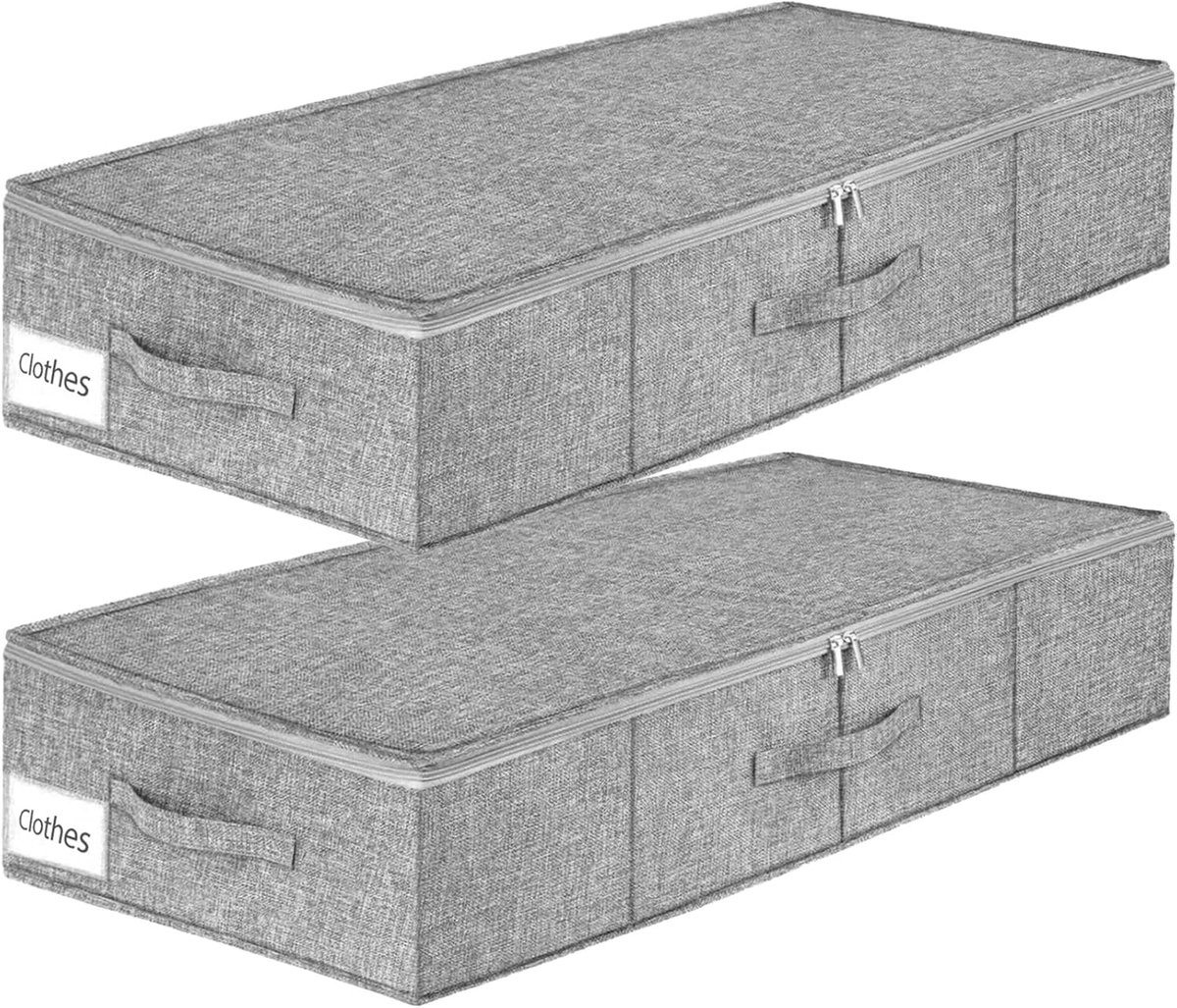 2 stuks opbergdozen voor onder het bed, onderbedcommode, opvouwbare onderbedopslag, groot, onderbedbox, organizer met ritssluiting en handvat voor schoenen, kussens, kleding, dekens, dekbedden, grijs