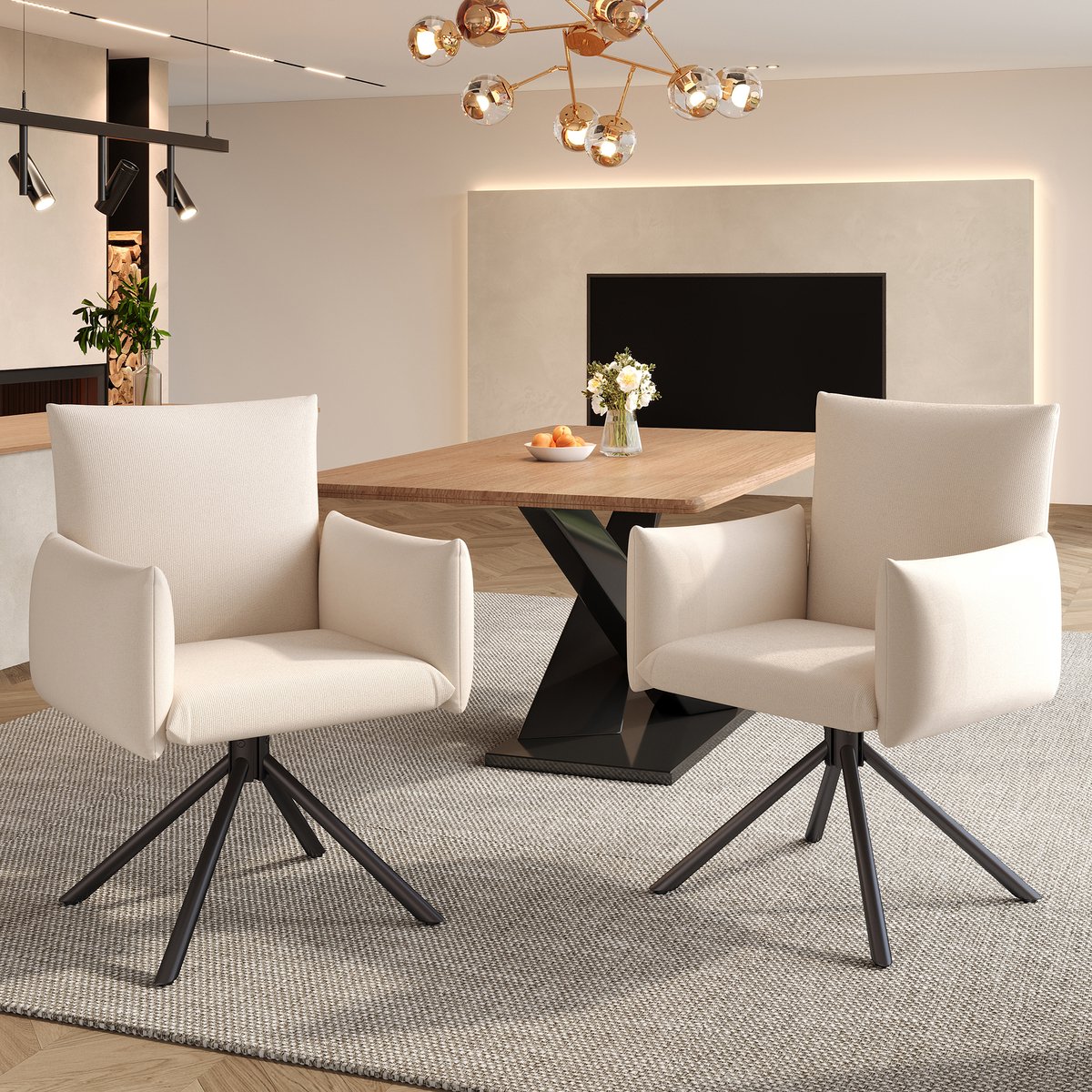 Eetkamerstoelen - Set van 2 - Eetkamerstoel - Velvet Eetkamerstoelen met Armleuningen - Gestoffeerde Eetkamerstoel - Moderne Stoel - Keukenstoel - Woonkamerstoel - Draaistoel 360° - Stoel met 4 Metalen Poten - Beige