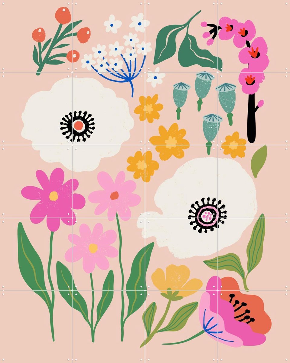 IXXI White Poppies Meadow, Katarzyna Gąsiorowska & Various - 80 x 100 cm - Gratis ophangtool - Grote wanddecoratie en posters - Speels, Illustraties