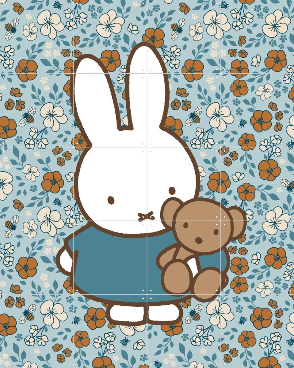 IXXI Nijntje met Beer Bloemenpatroon, Nijntje - 80 x 100 cm - Gratis ophangtool - Grote wanddecoratie en posters - Cartoonesk, Speels, Fantasierijk
