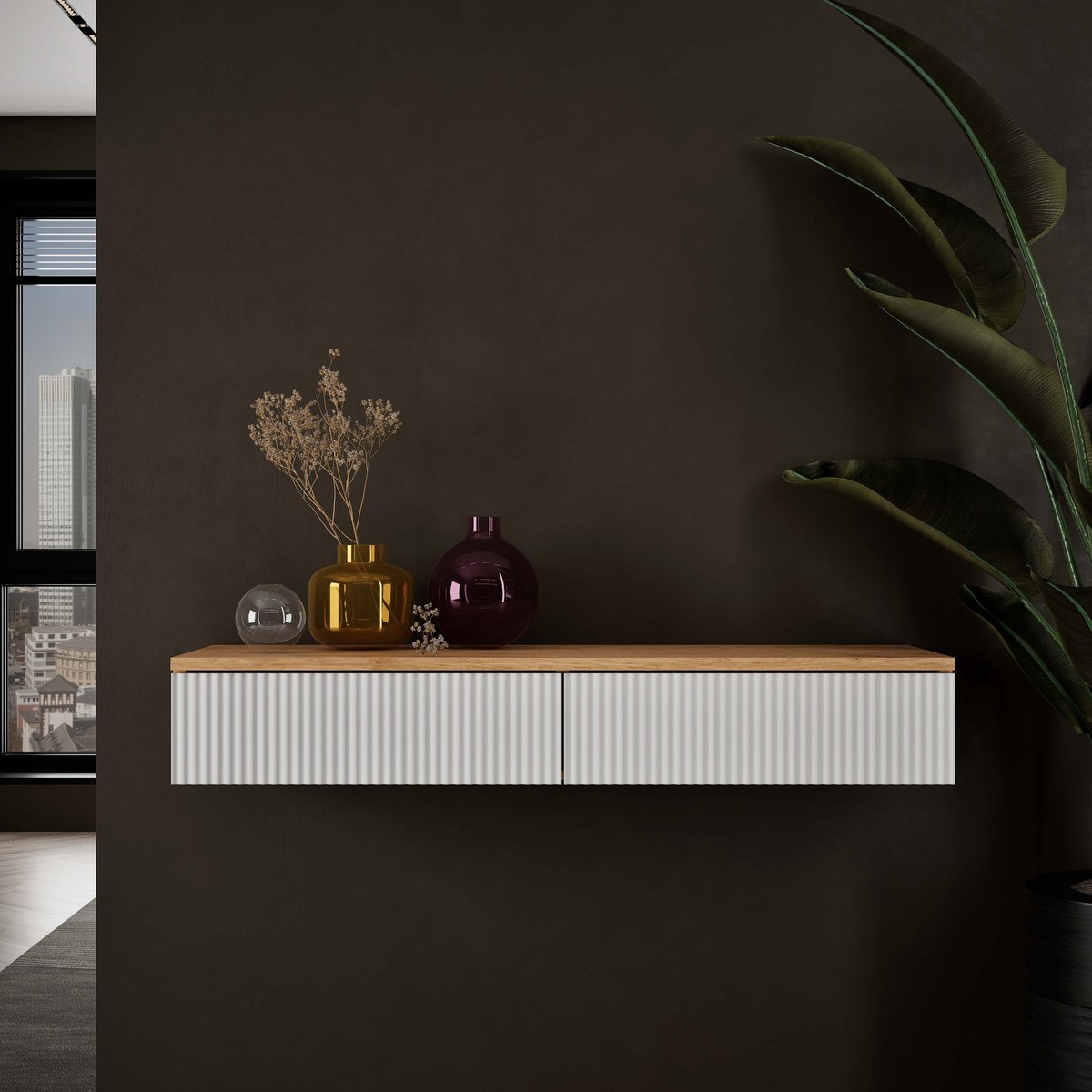 Planetmöbel AMYRA - Wandconsole 100 cm - Gold eiken - Front wit - Zwevend - Met lade