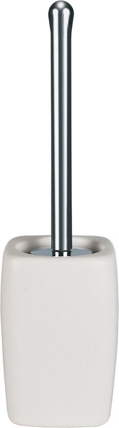 Witte toiletborstelhouder met glanzende, metalen steel en ronde dop.