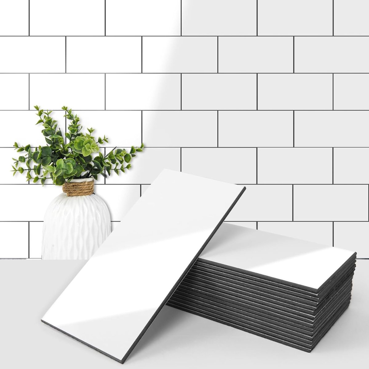 102-delige wandtegels voor keuken backsplash, badkamer, open haard, 7,6 x 15,2 cm, zelfklevende metrotegel, glanzend wit | 3 x 6 inch, pvc, zelfklevend, waterdicht, spoorloze peeling, modulaire splitsing, ideaal voor ijdelheden, badkamers