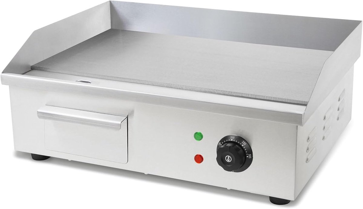 Grillplaat elektrisch 3000 W van roestvrij staal grilloppervlak glad 55 x 35 cm, thermostaat, temperatuur 50-300 °C, spat- en hittebescherming, opvangbak, rubberen voetjes