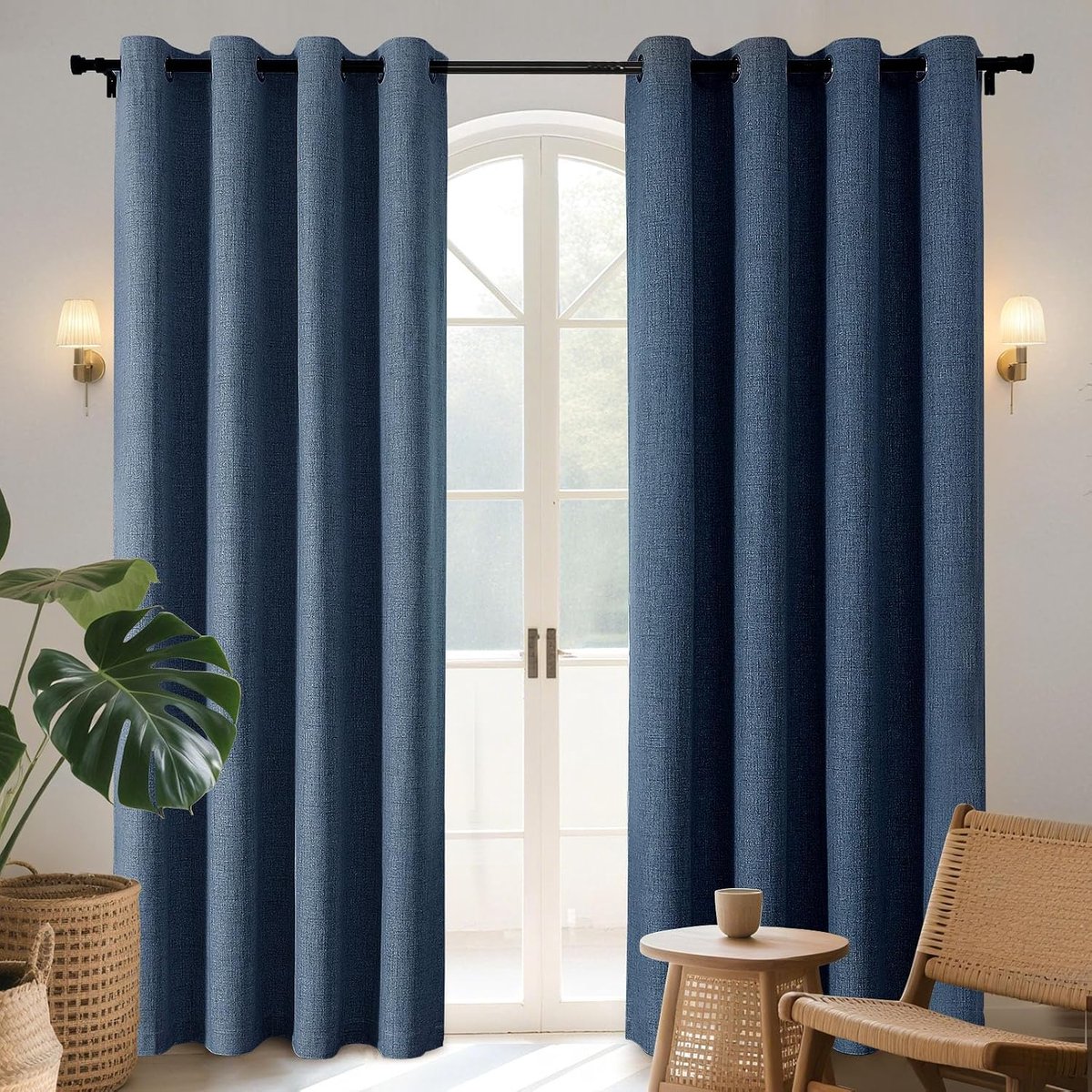 Gordijnen, set van 2 stuks, in linnenlook, 100% ondoorschijnend, met gecoate achterkant, met inslagringen, verduisteringsgordijn, warmte-isolerend, warmte-werend, voor de slaapkamer, woonkamer