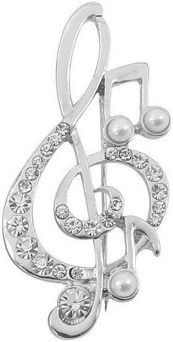 Broche, zilverkleurig, muzieksleutel en parelmoer-parels, muziek.