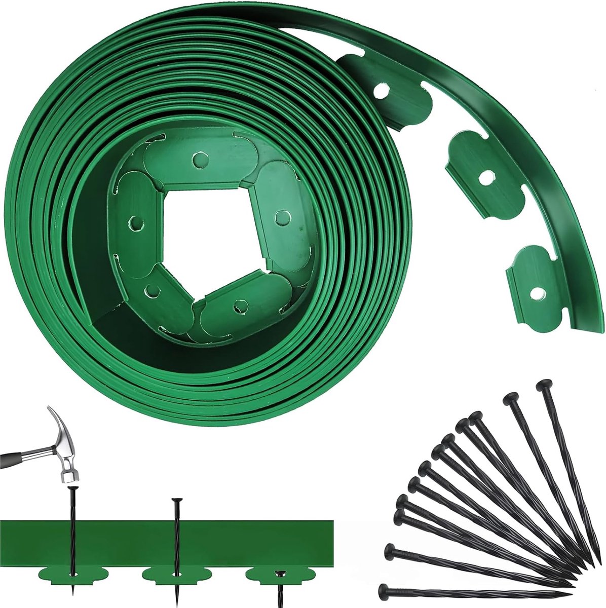 Tuinrand voor buiten, flexibel, gazonrand met 15 klemmen, kunststof tuinhek, flexibele rand met look (groen)