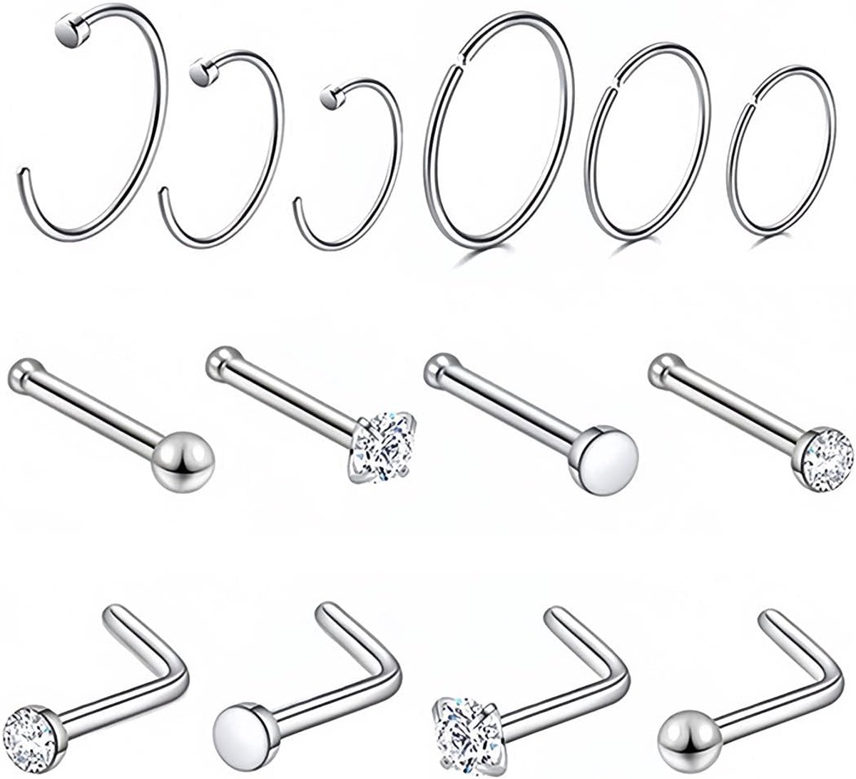 neuspiercing, diamant, gebogen neusring, L-vormig, lichaamssieraden, voor dames en heren, 14 stuks, 1CM