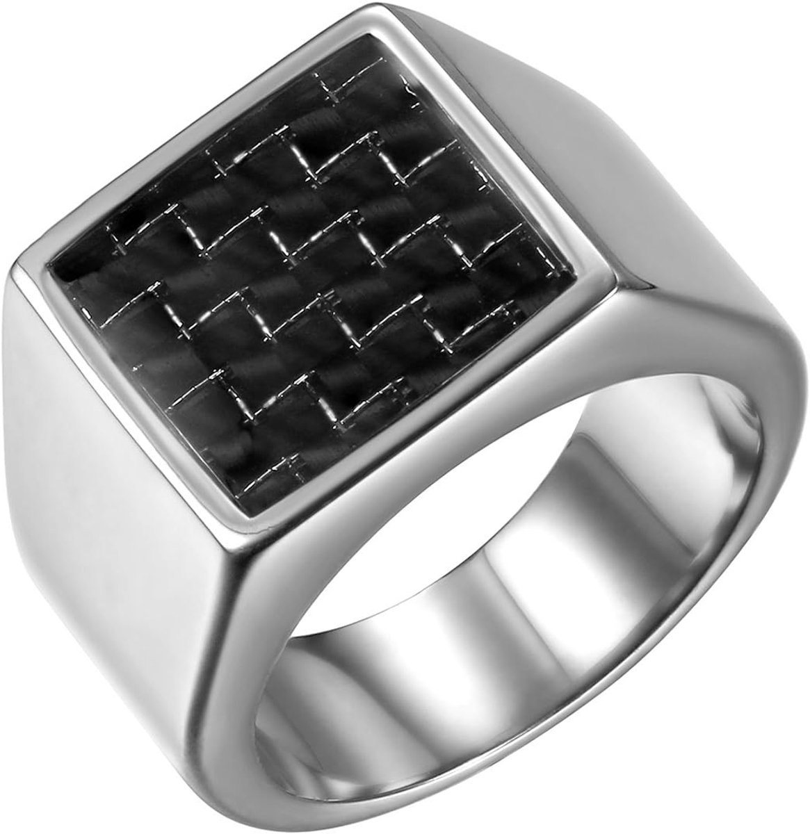 Sieraad herenring, roestvrij staal koolstofvezel geruite plaid vierkante ring band, zwart zilver