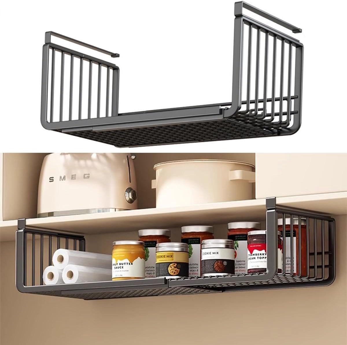 onderkast, opbergmand, robuuste zwarte metalen hangplank, hangend onderkastrek, voor keuken, eetkamer, badkamer