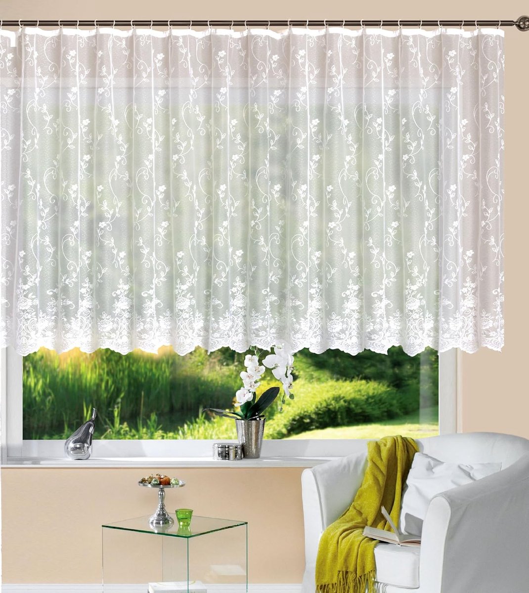 Store Jacquard Mainz HxB 145x450 cm plooiband universele band wit bloemenpatroon transparant gordijn woonkamer, 13144