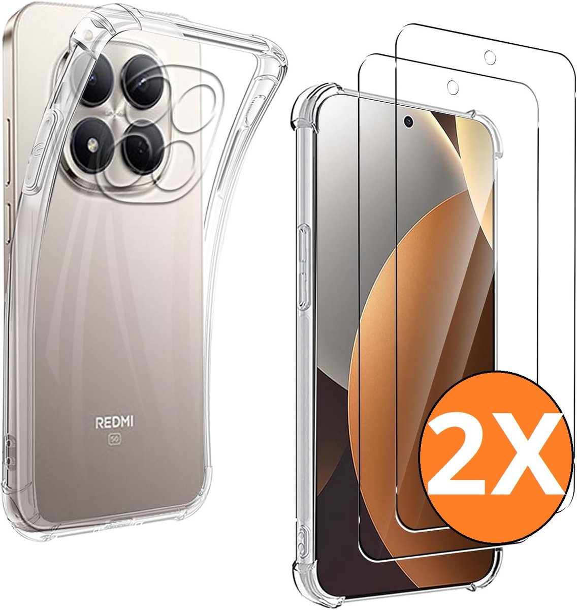 Hoesje Geschikt voor Xiaomi Redmi Note 15 Pro 5G - transparant Anti Shock silicone hoesje met 2 Pack Screenprotector tempered glass