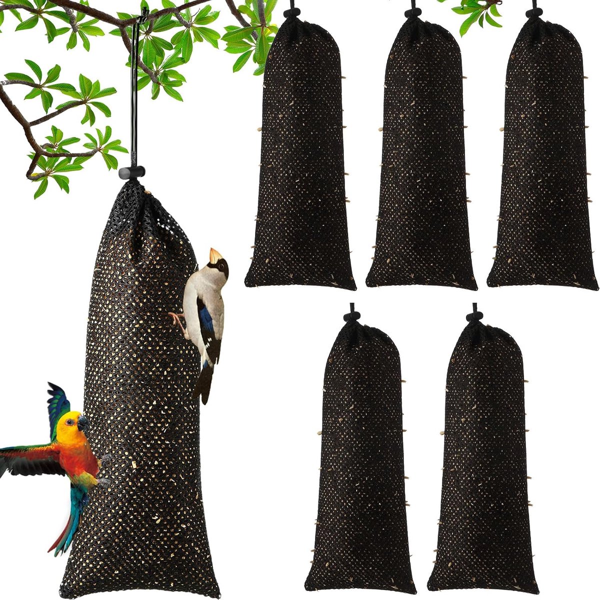 Vogelvoersokken – Vogelvoerzakjes – Voor Distelzaad & Nyjerzaad – Herbruikbaar Polyester Mesh – Voor Vinken, Putters, Sijsjes & Wilde Tuinvogels – Zwart – 28 × 12 cm – 6 Stuks
