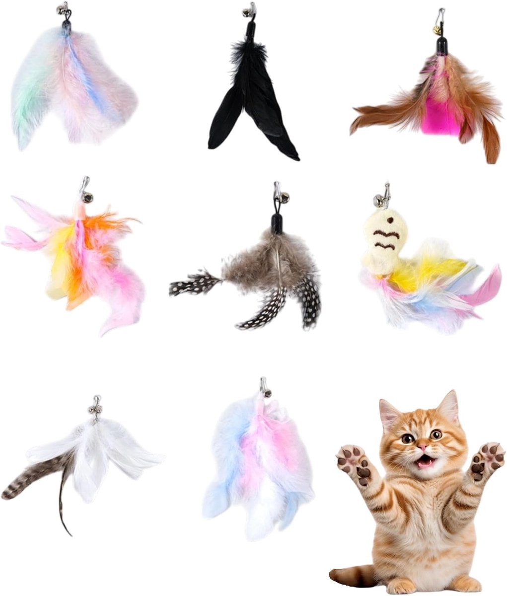 8 stuks Kattenspeelgoed veren vervanging hoofden met klokken - Natuurveren voor Katzengel, Interactieve speelgoed en beweging accessoires, aanhanger voor kitten Indoor Katten Federwedel veren