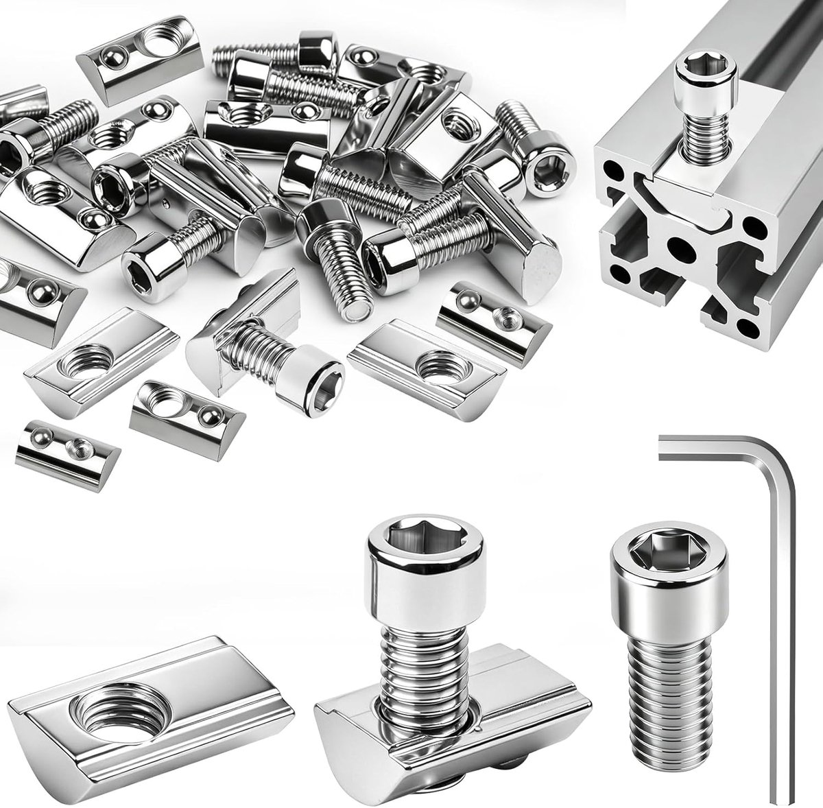 60 stuks groefstenen M5 groef 6 serie 20 M5 groefstenen koolstofstaal glijmoer met veerbal voor aluminium profiel 3D-printer CNC met 60 stuks M5 x 10 schroeven en 1 inbussleutel
