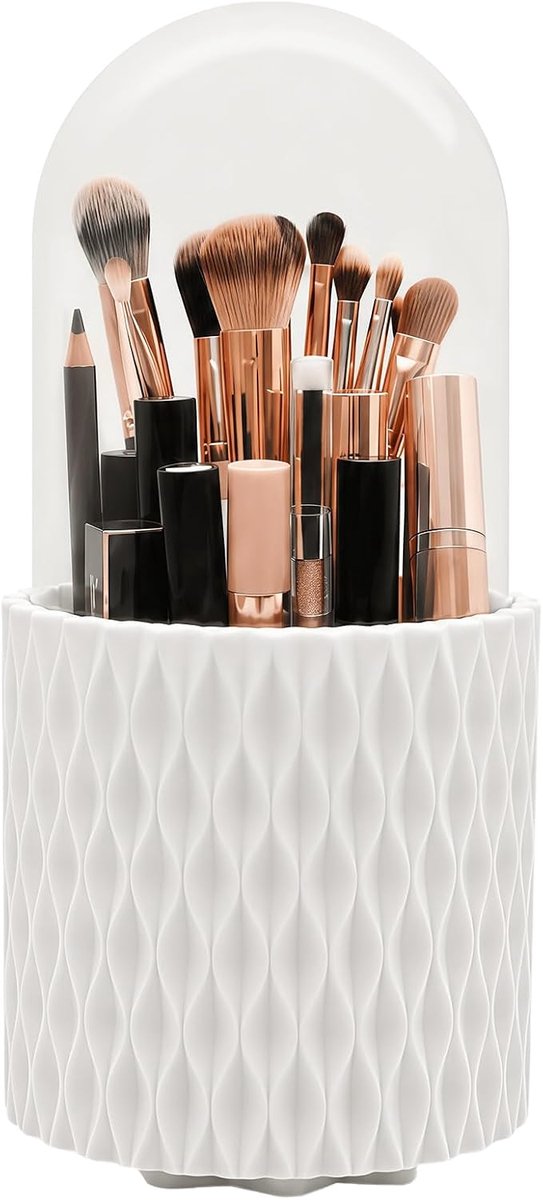 scicent Make-up Organizer 360° Draaibaar met Deksel, Stofdichte Cosmetica-organizer met Vakken, Make-upkwastenhouder en Parfum Organizer voor Kaptafel, Badkamer en Bureau Wit