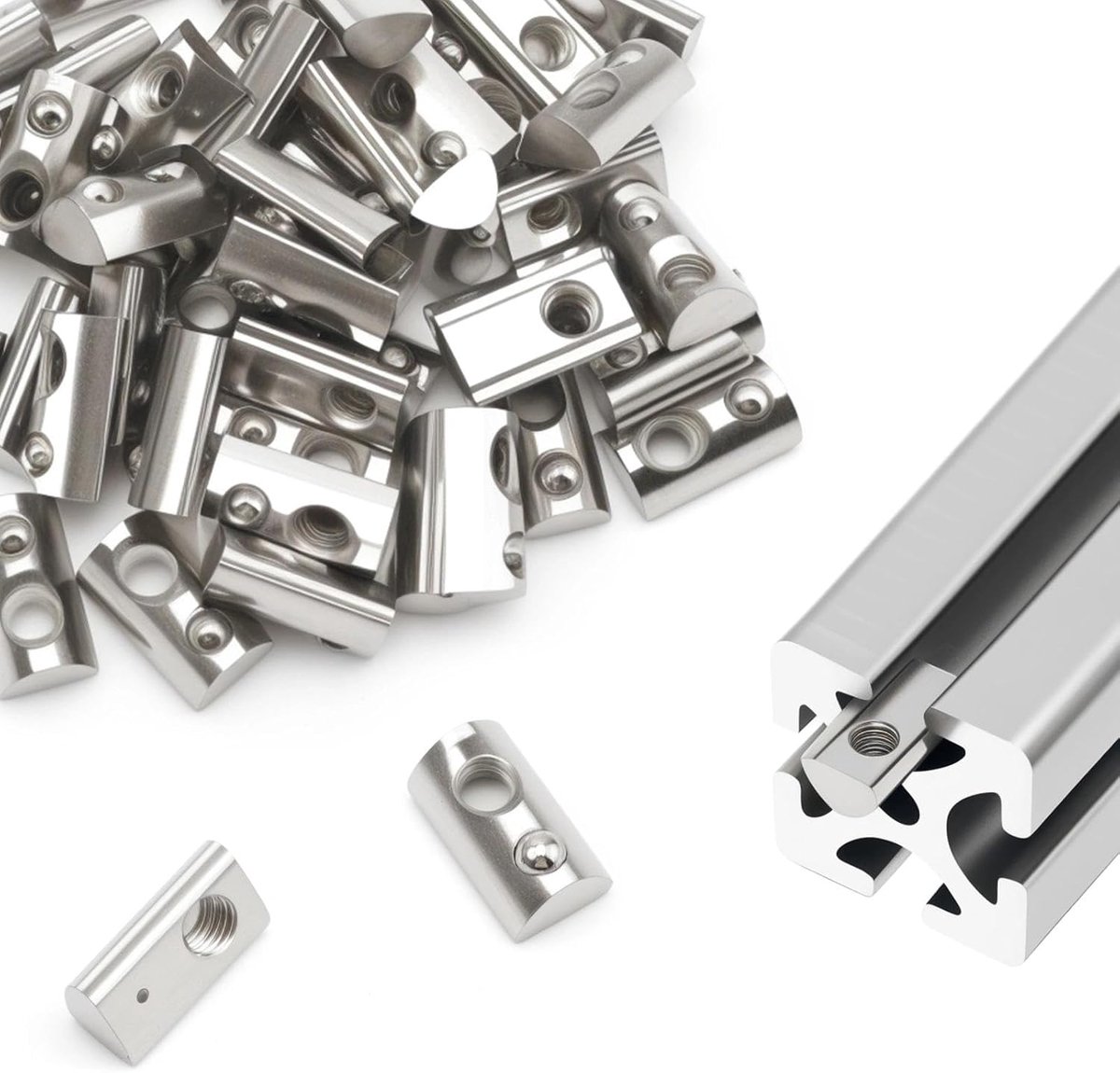 50 stuks moeren met centreerkogel M6, T-moer met veer van koolstofstaal, serie 30, profielmoer aluminium, groefbreedte 8 mm, voor aluminium profielen