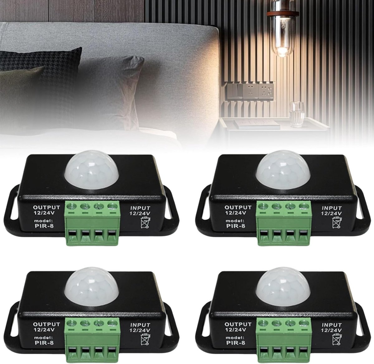 infrarood PIR-sensor, DC 12 V 24 V infraroodsensor, schakelaar, bewegingsmeter, bewegingsmelder, schakelaar voor ledstrips/lampen, zwart, 4 stuks