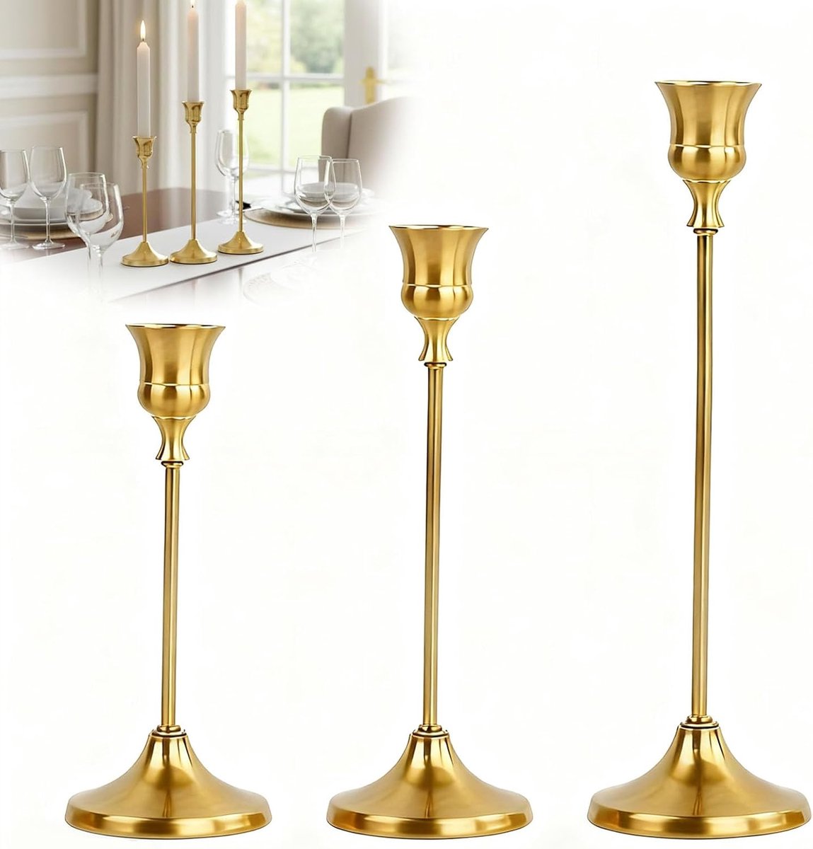 kandelaar, set met 3 gouden kandelaars, conische vintage kandelaar, geschikt voor eettafel, kerstfeest, Valentijnsdag (kaarsen niet inbegrepen)