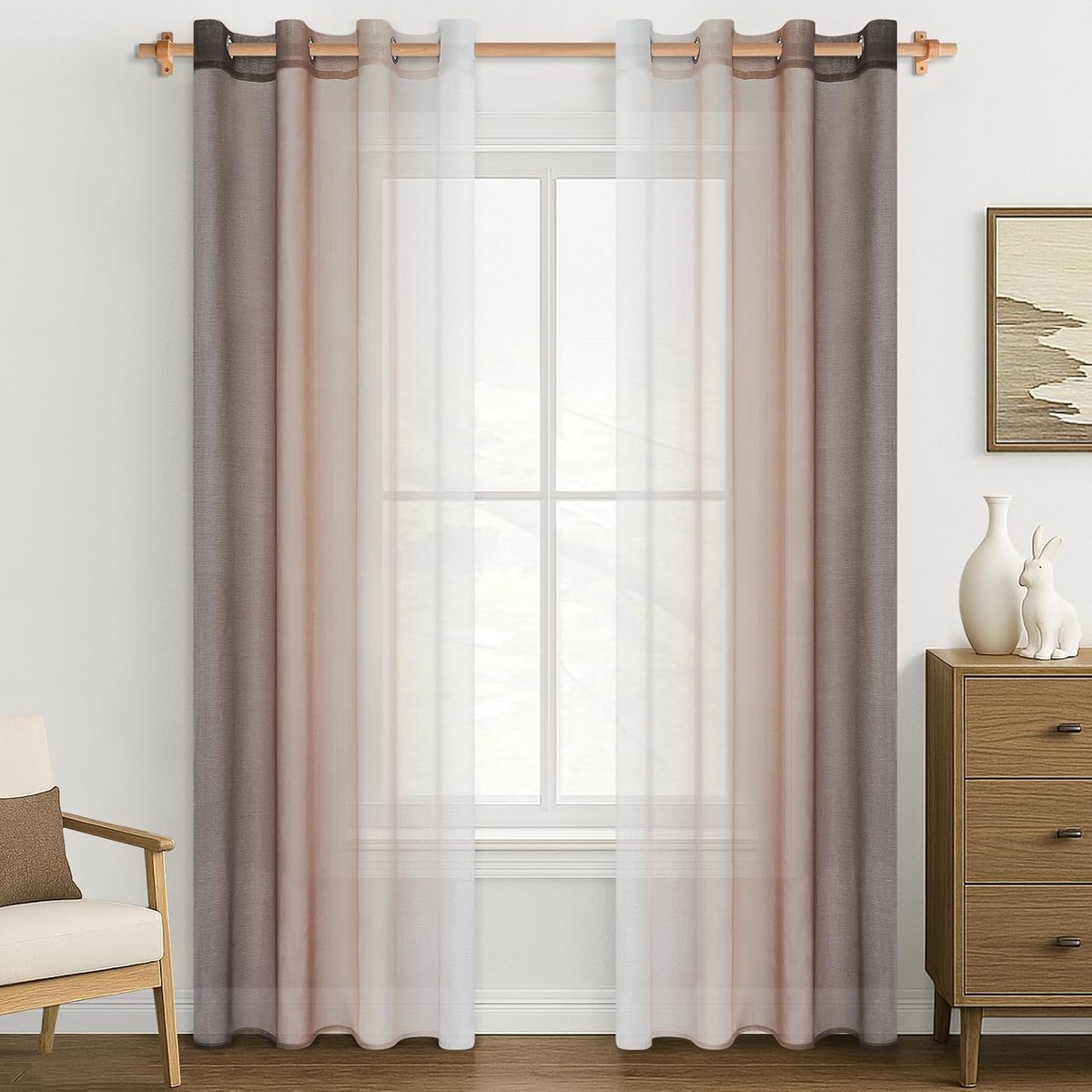 Stores Gordijnen voile met ingestanste ringen, transparante set van 2 stuks, kleurverloop, lichtbruin, gordijn doorzichtig, gordijn met inslagringen, 245 cm lang, 140 cm breed, voor woonkamer