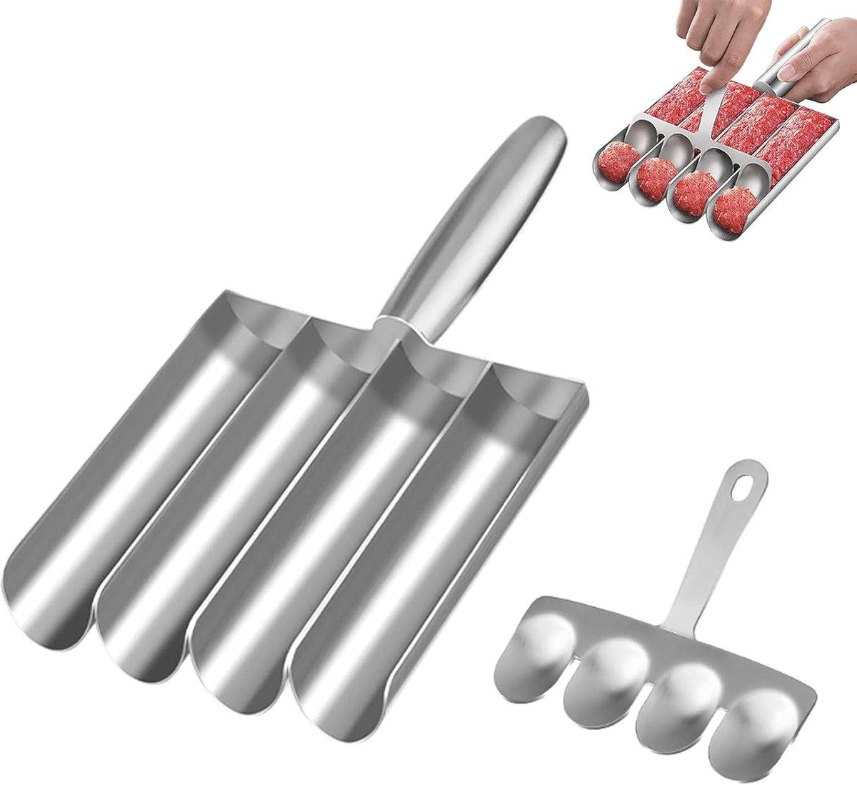 roestvrij staal, meatball maker, 4 buizen gehaktbal schep maker, keuken meatball maker met snijschep, voor visballen, gehaktballen, krabbenballen