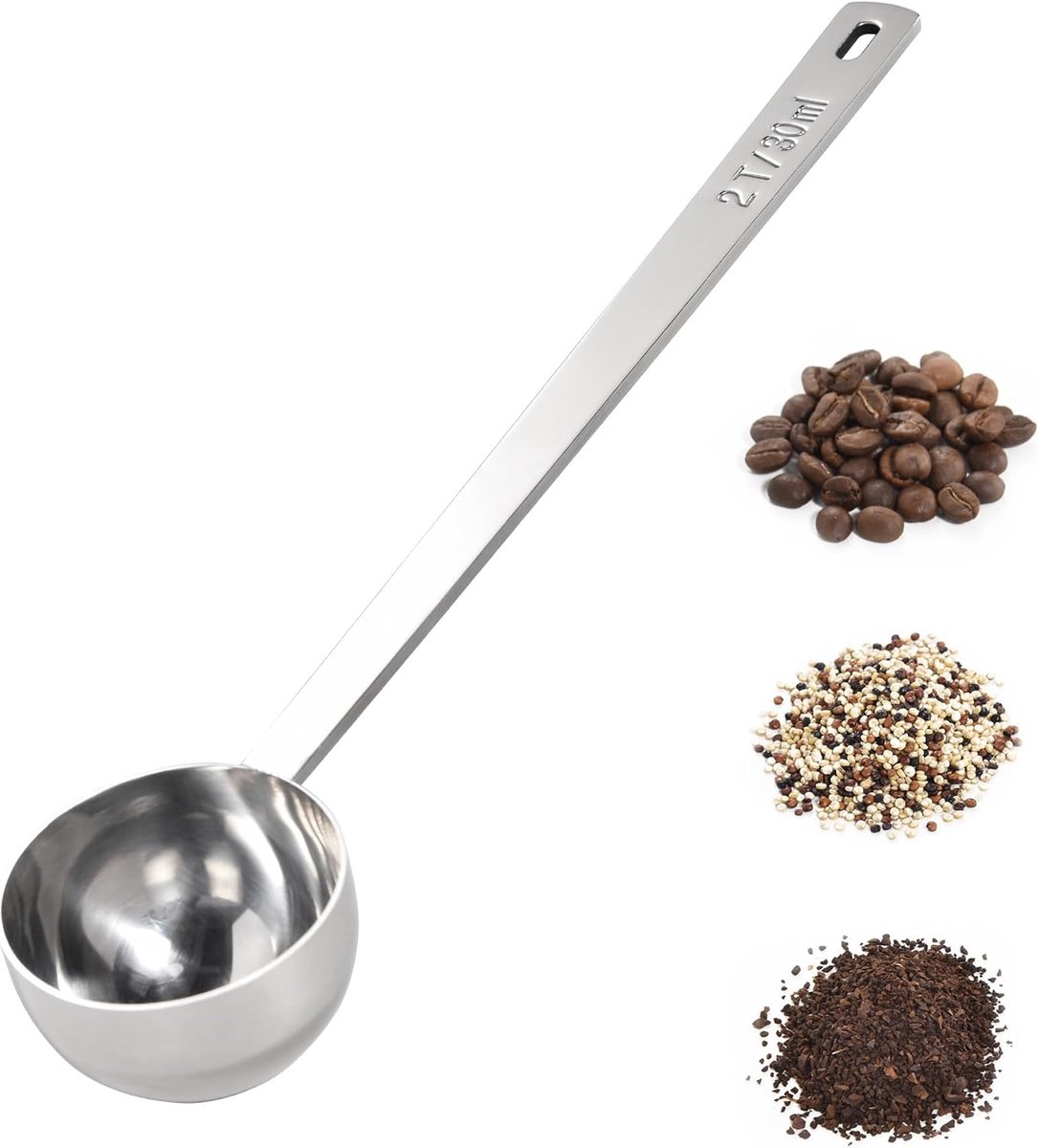 koffieschep lang handvat, 18/8 roestvrij staal, 22cm/30ml | Extra lange metalen maatlepelschep voor gemalen koffiebonen, espresso, proteïnepoeder, thee (2 eetlepels/30ml, zilverkleurig)