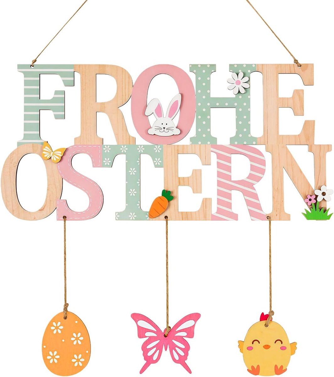 Houten Bord om Op te Hangen, Weerbestendig Deurbord met Paashaas en Eieren voor Voordeur en Raam