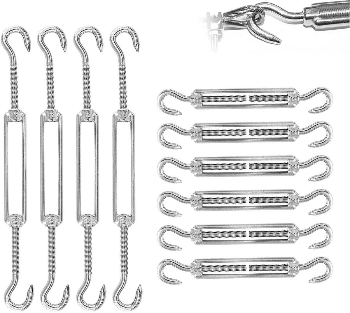 Spanwartel kabelspanner 10 stuks, M5 draaiwirbel kabelspanner, 304 roestvrij staal verstelbare draaihaken CC, spanwartel haak, spanhaken voor tuinhek, zonnezeilen, doe-het-zelf, zilver