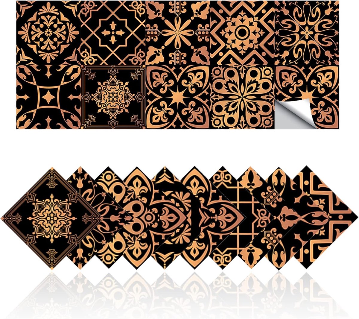 Tegelstickers, wandtegelstickers, retro, goud, zwart, voor keuken en badkamer, zelfklevende decoratie van pvc, oliebestendig, Marokkaanse stijl (20,10 x 10 cm)
