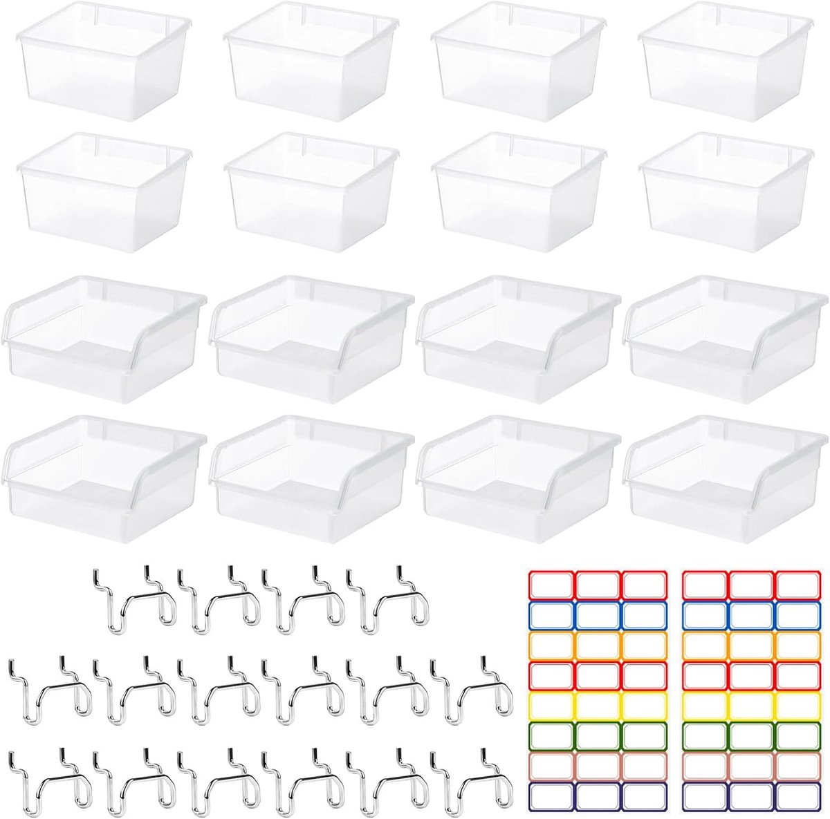 32-delige accessoireset voor geperforeerde plaat, 16 transparante dozen en 16 haken voor geperforeerde platen, haken voor gereedschapshouder, wandgereedschap, accessoires voor gaming, pegboard, garage
