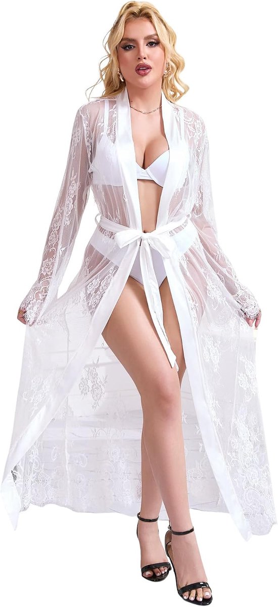 ohmydear Kimono dames sexy kant ochtendjas lang satijn badjas grote maten negligé doorzichtig lange mouwen badjas tule nakleding dames zomer strand kimono kant cover up zachte lingerie