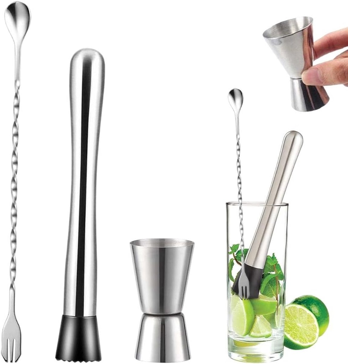 cocktailmaatbeker, 1 x maatbeker voor sterke drank, 1 x barlepel met kort handvat en 1 x ijslepel, voor bar, disco, party, party, cocktail, shaker